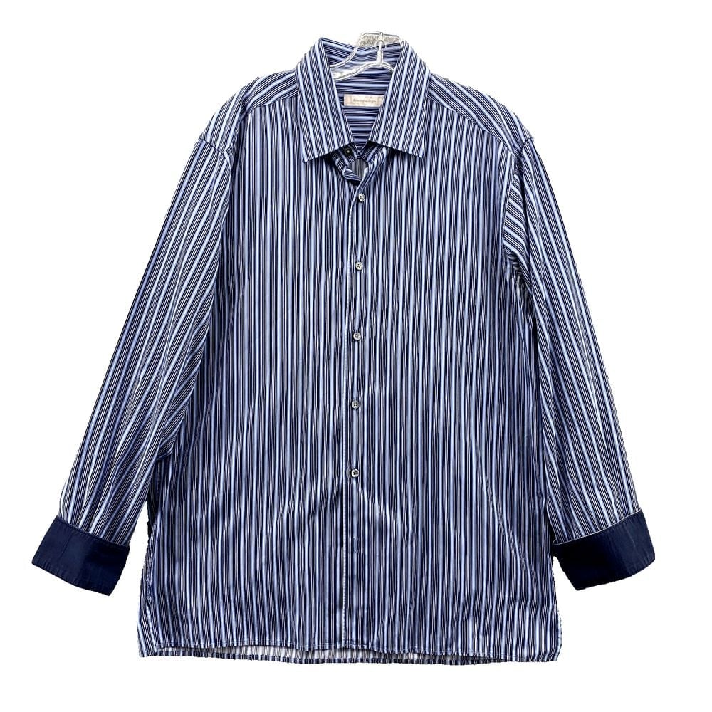 Ermenegildo Zegna Dress Shirt Men XL Blue Stripe Flip Cuff Office Corpcore Italy