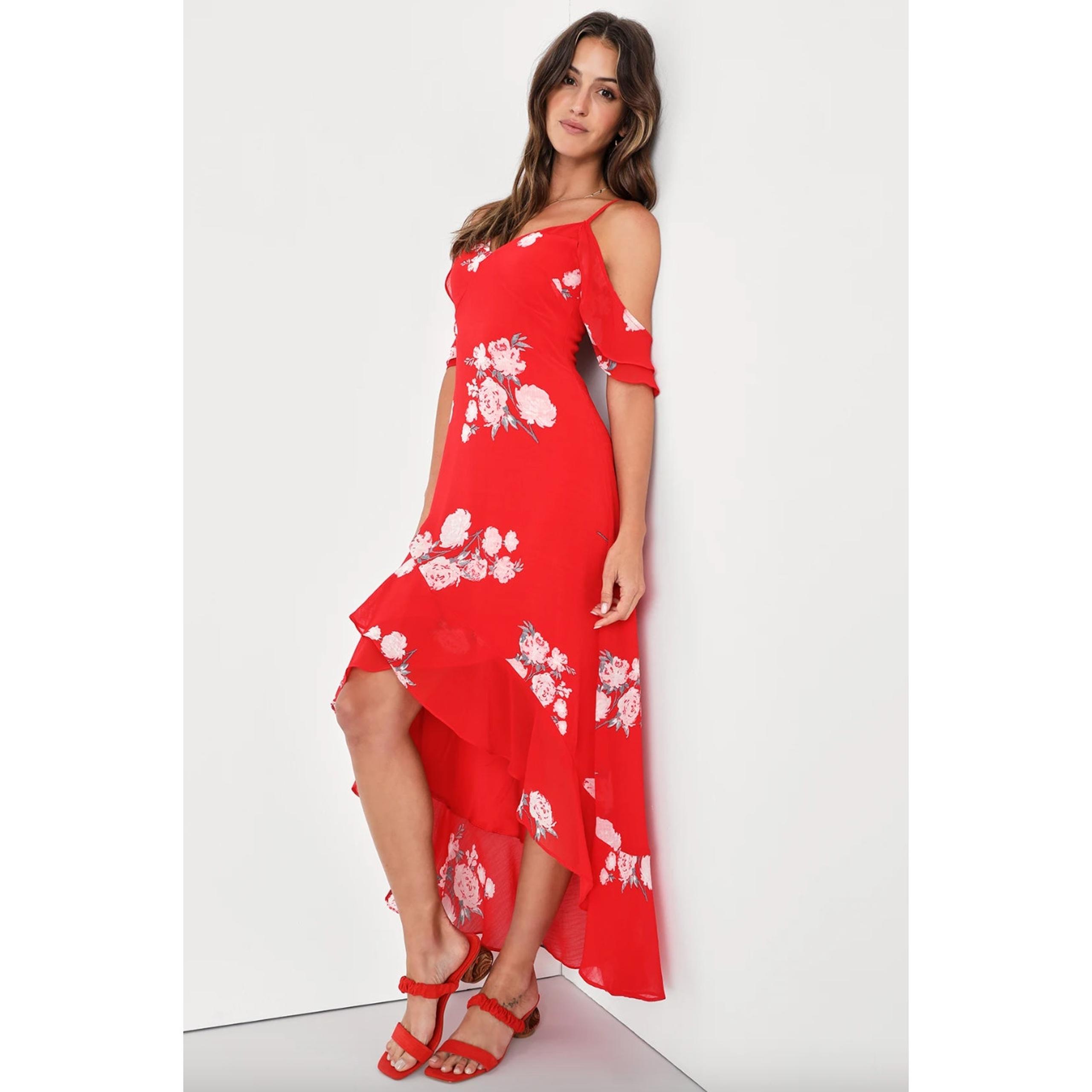 Lulus Love in Bloom Red Floral Print Off-the-Shoulder High-Low Dress Size XS