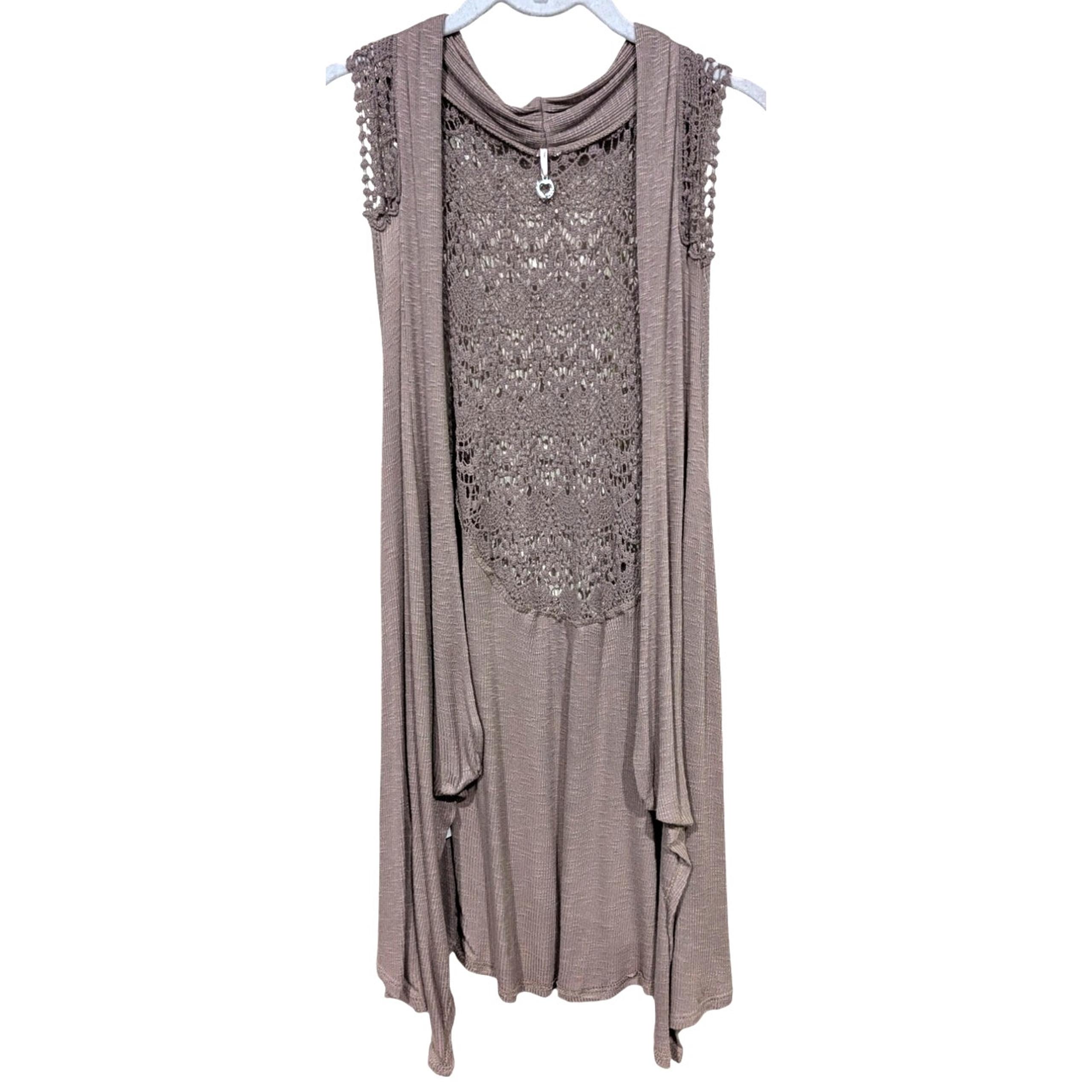 Robin K Pleione Light Brown Crochet Sleeveless Knit Waterfall Sweater sz M