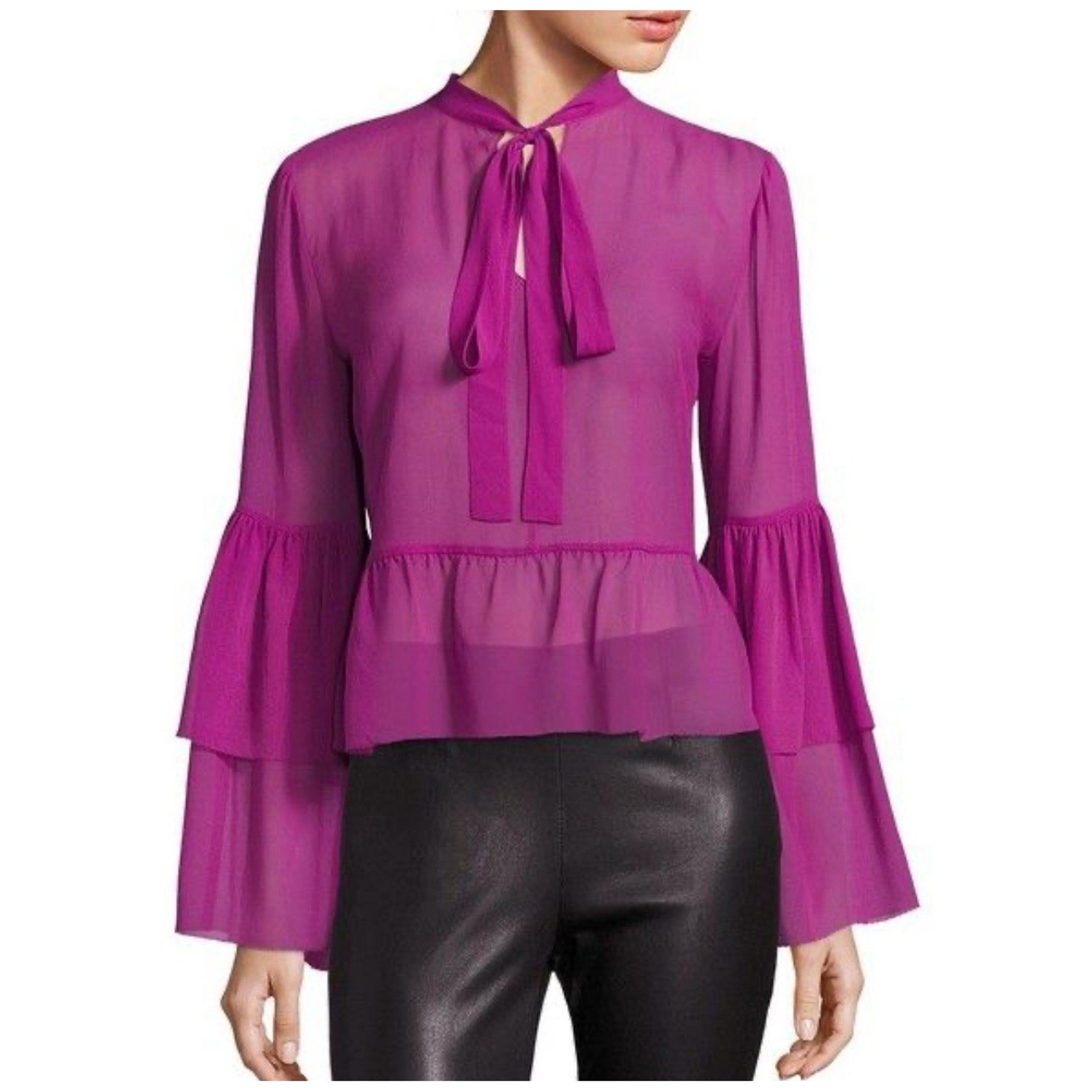 Saks Fifth Avenue Blouse 100% Silk Womens Large Purple Orchid Sheer Ruffle Bell