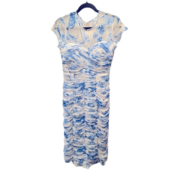 Vicky Tiel Blue and White Ruched Floral Dress- Size S