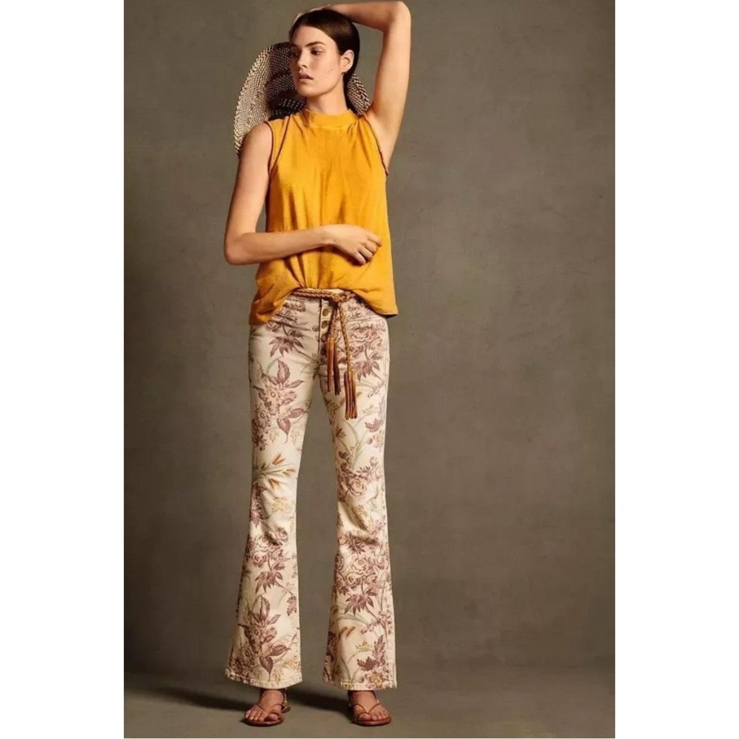 Pilcro Letterpress Floral High-Rise Bootcut Button Front Jeans Sz 28 Neutral