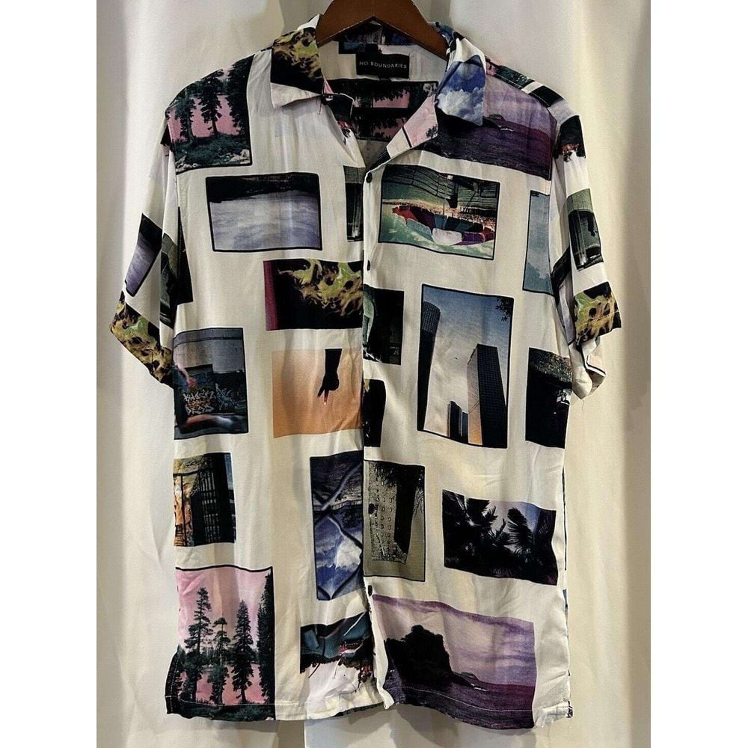 No Boundaries Button Up Shirt Mens M Beige Graphics Car Dog Trees Rayon Collar