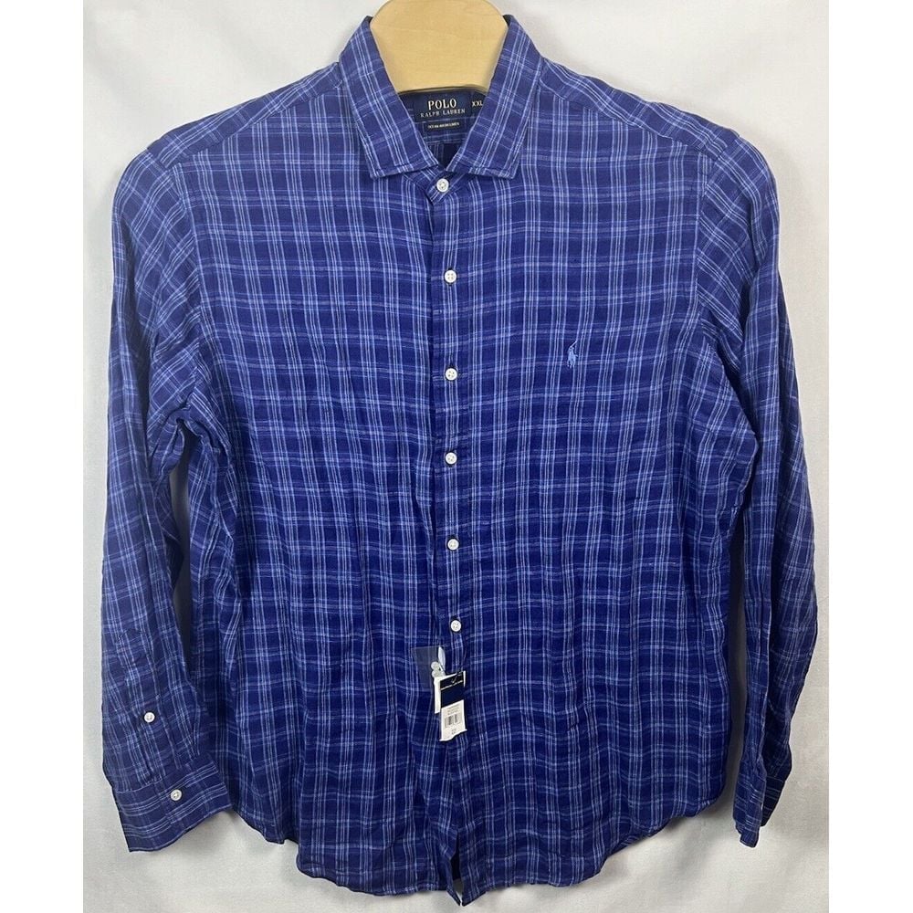 New Polo Ralph Lauren 100% Ocean Wash Linen 2XL Plaid Button Up Shirt Men's Blue