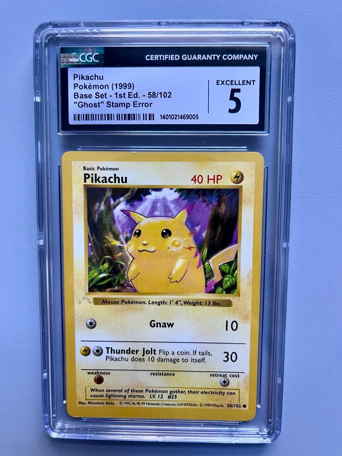 1999 Pokemon 1st edition Pikachu yellow cheeks GHOST STAMP ERROR CGC 5