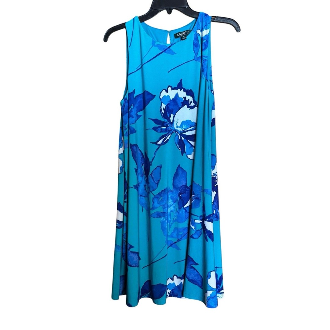 Lauren Ralph Lauren Midi Dress Womens 10 Blue Multicolor Floral Stretch Sundress