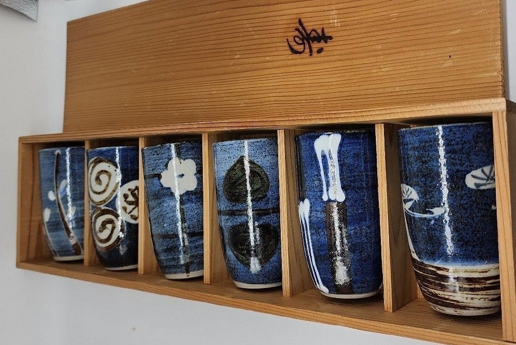 New Otagiri OMC Pottery Japan Stoneware Cups Set of 6 Blue case included Drink
