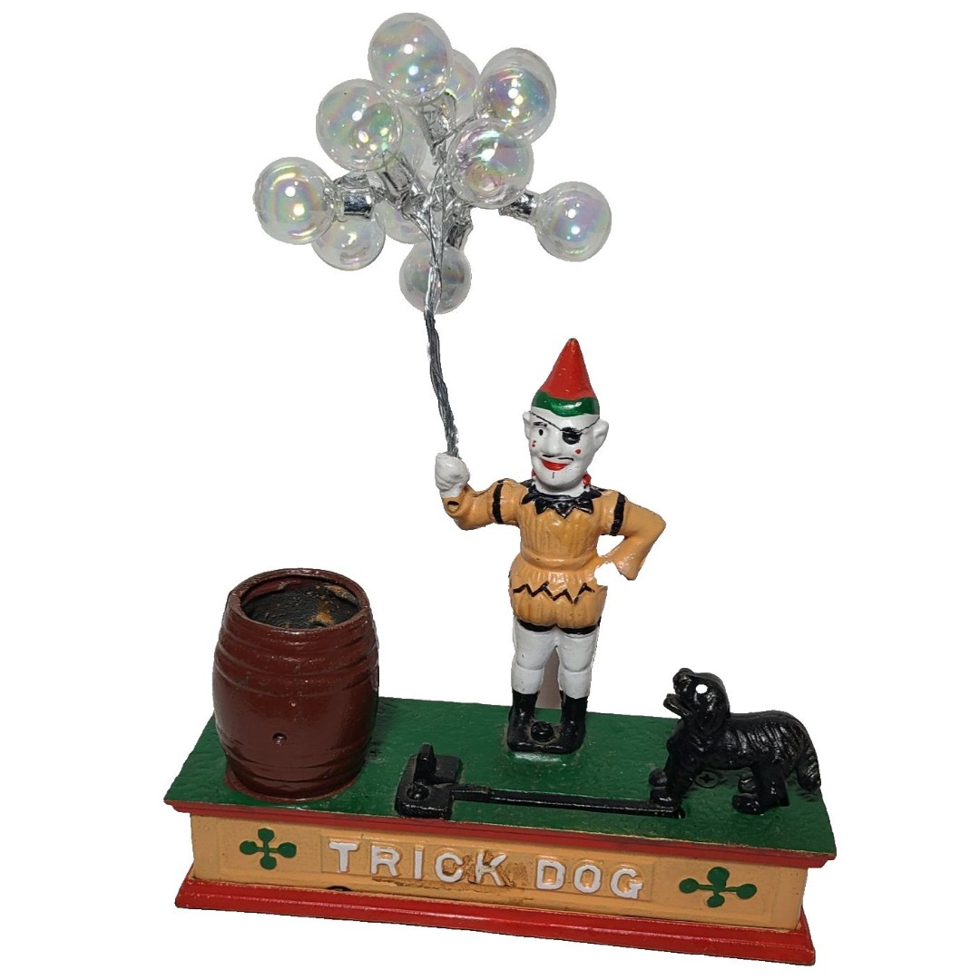 VINTAGE TRICK DOG CAST IRON MECHANICAL CIRCUS CLOWN COIN BANK Heavy