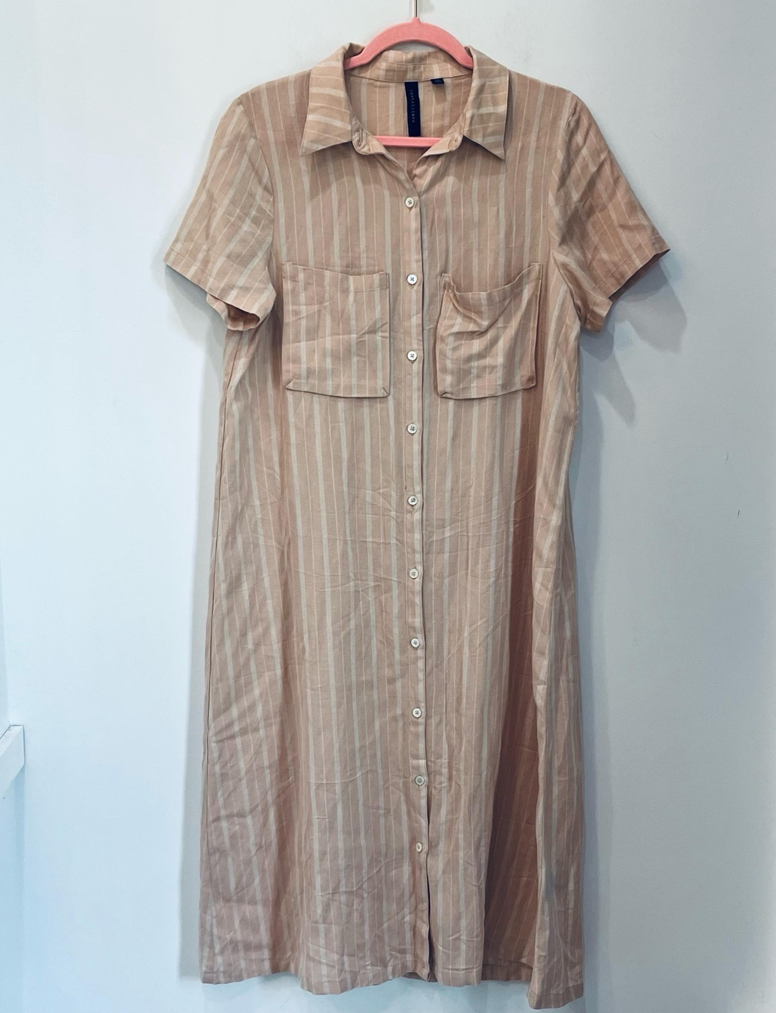 Knot Sisters Blush pink linen blend striped Button front maxi midi dress Medium.