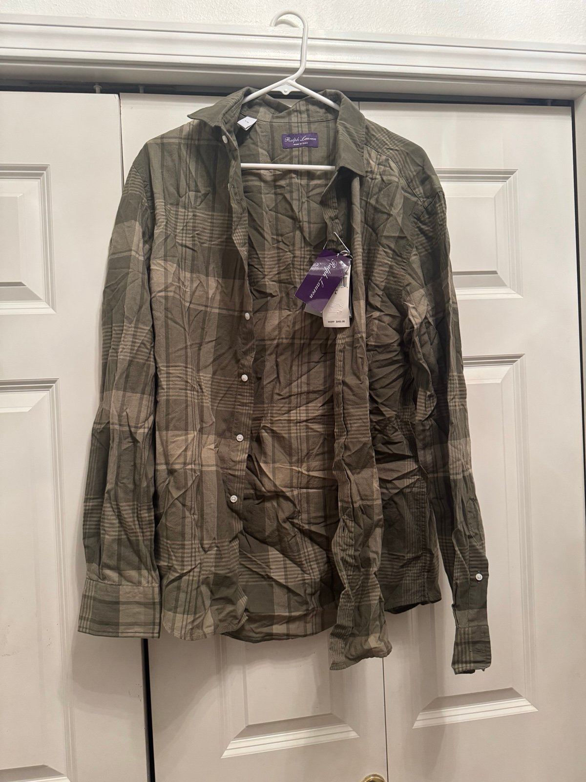 Ralph Lauren Purple Label Green Plaid Lightweight Casual Button Up Shirt Large