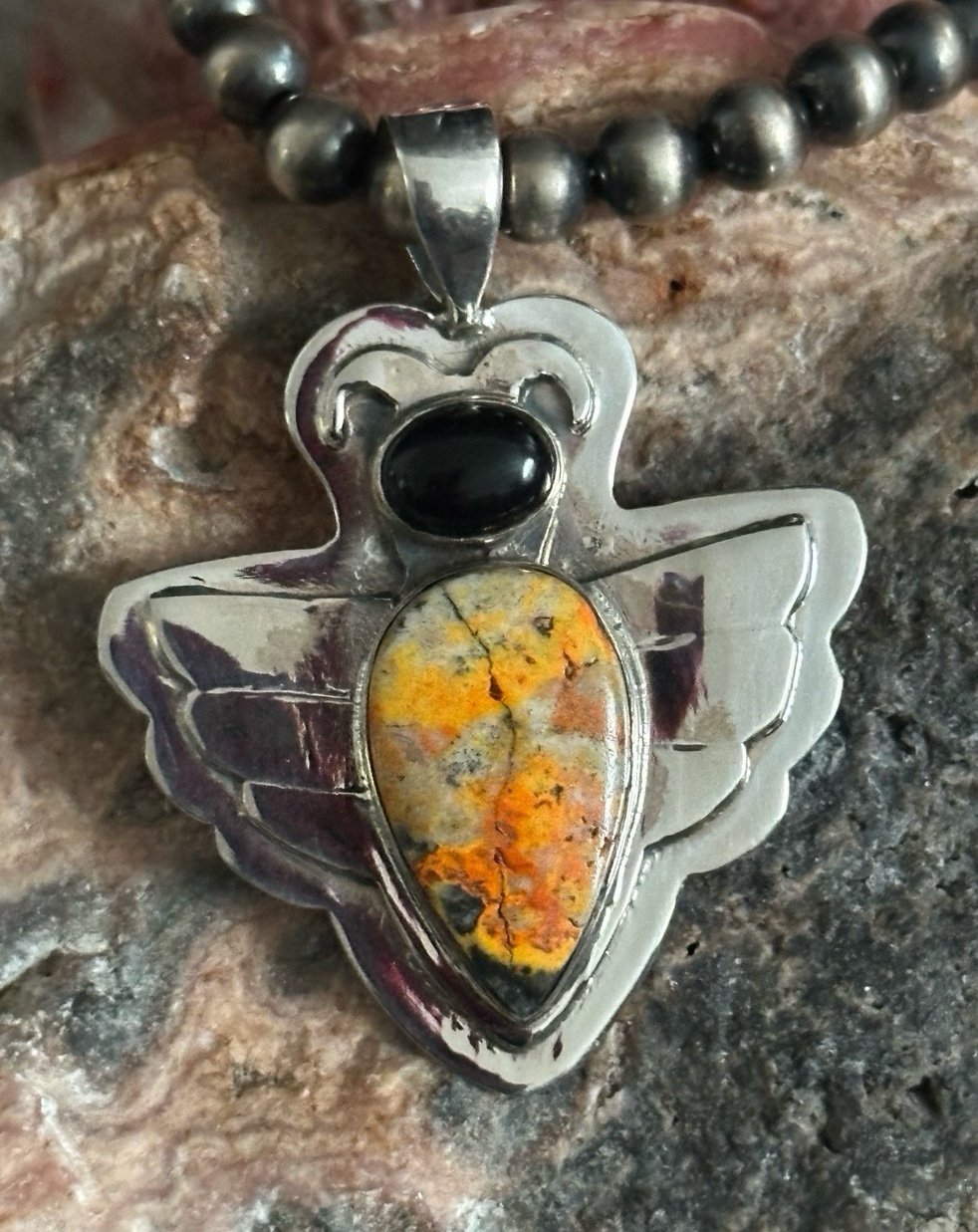 Bumblebee Jasper Bumblebee with onyx Statement Sterling Silver Pendant