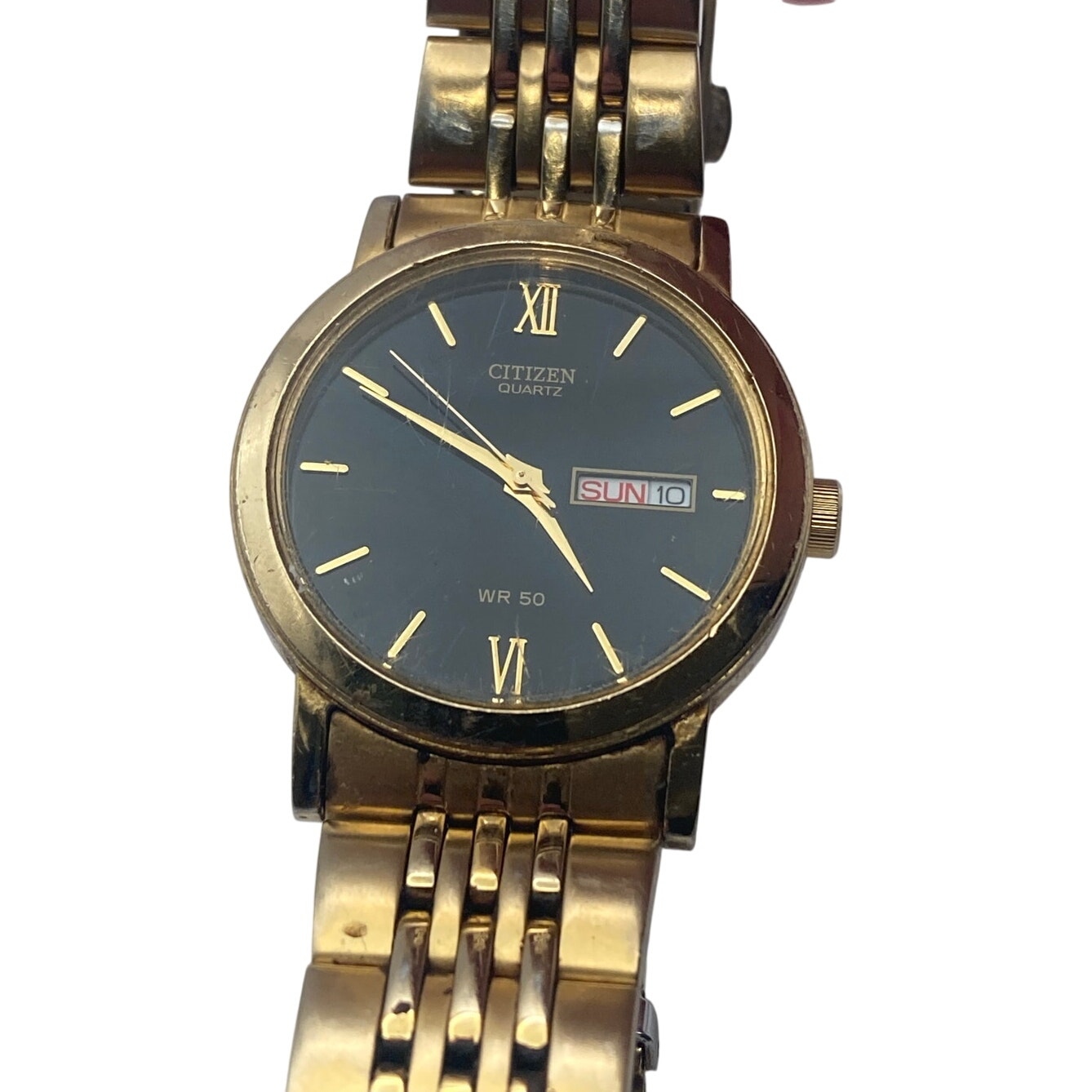 Citizen Men's Quartz Watch 36mm Day Date Black/ Gold Tones Working - New Battery