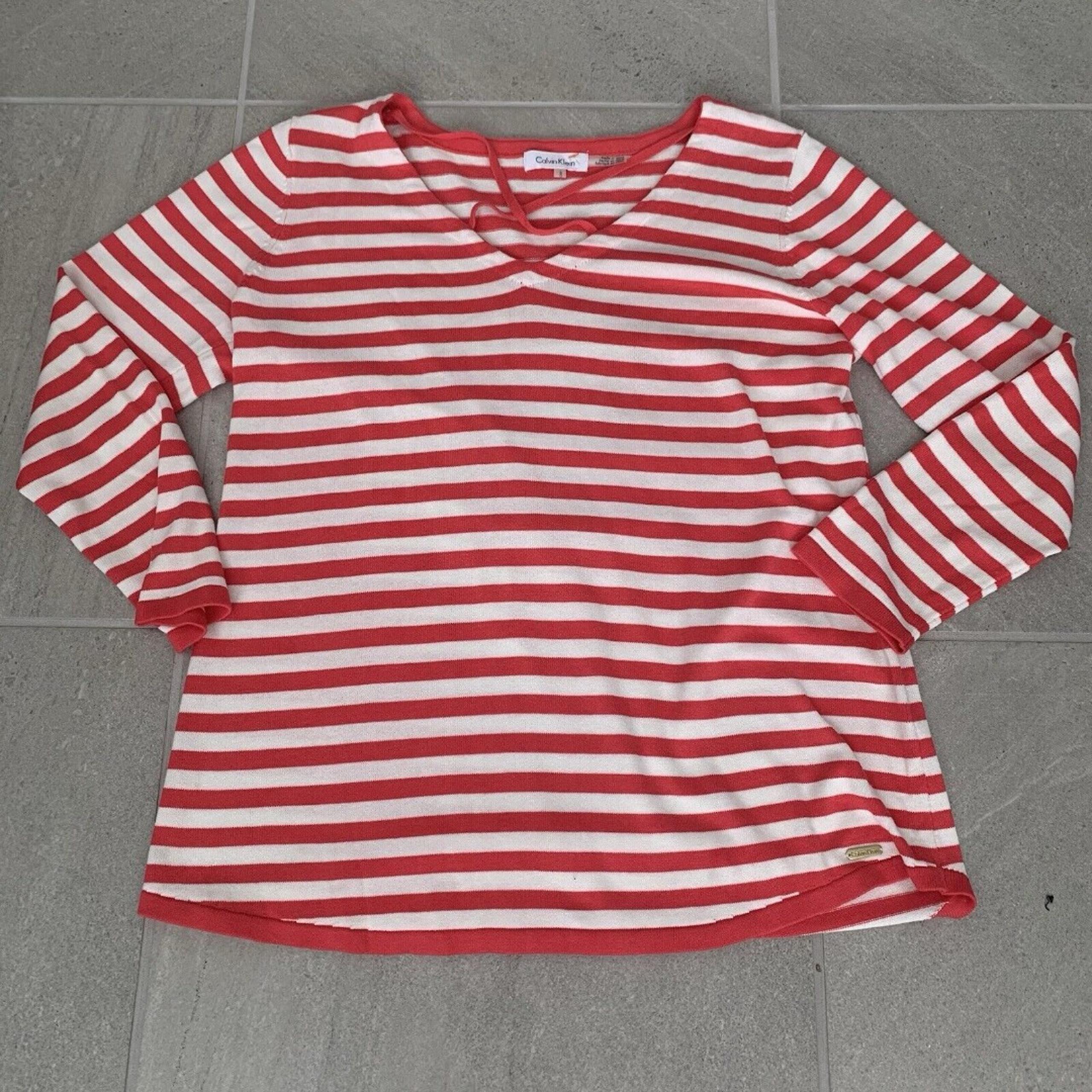 Calvin Klein Pink And White Striped Women’s Sweater Cotton Blend Size L
