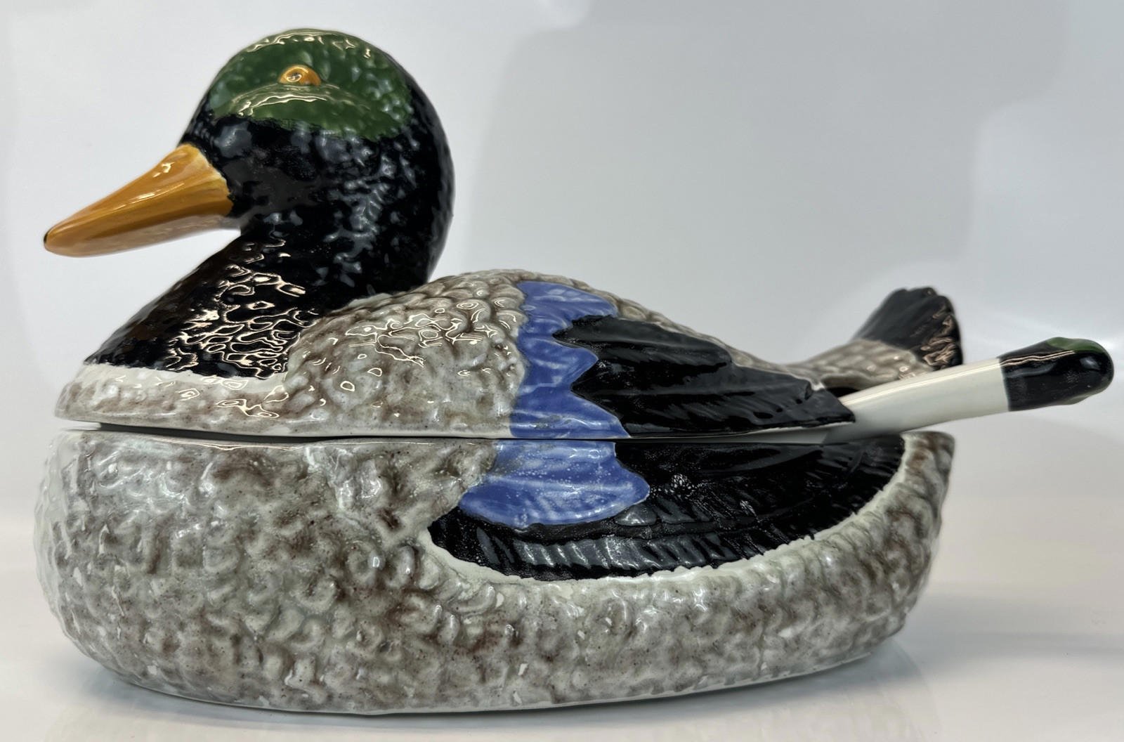 Mallard Duck Soup Tureen EX Large With Ladle Made In Italy Duck Head Lid~11x7x6