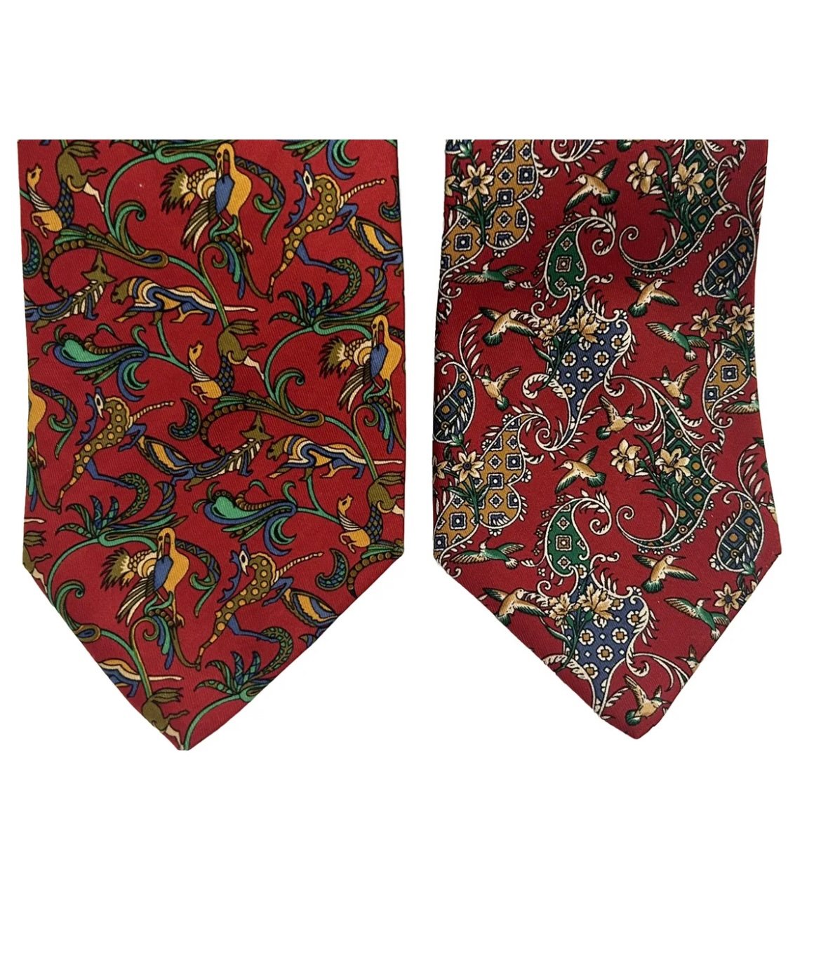 Lot 2 Salvatore Ferragamo Vintage Red Silk Ties Neckties Animals Birds Paisley