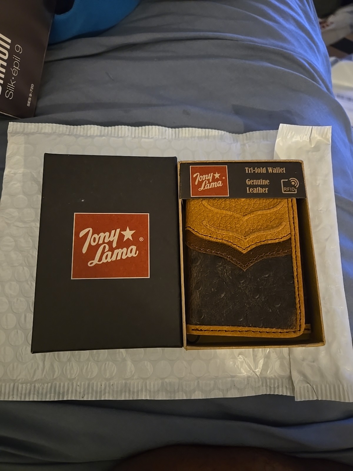 Tony Lama Western Mens Trifold Wallet Leather Embossed Ostrich Brown (NEW)