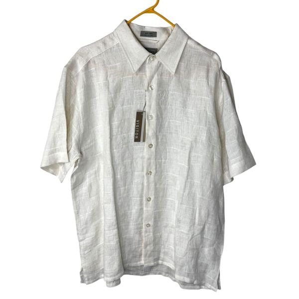 NWT 100% Linen Men’s Cream Neutral Woven Short Sleeve Button Shirt Size Medium