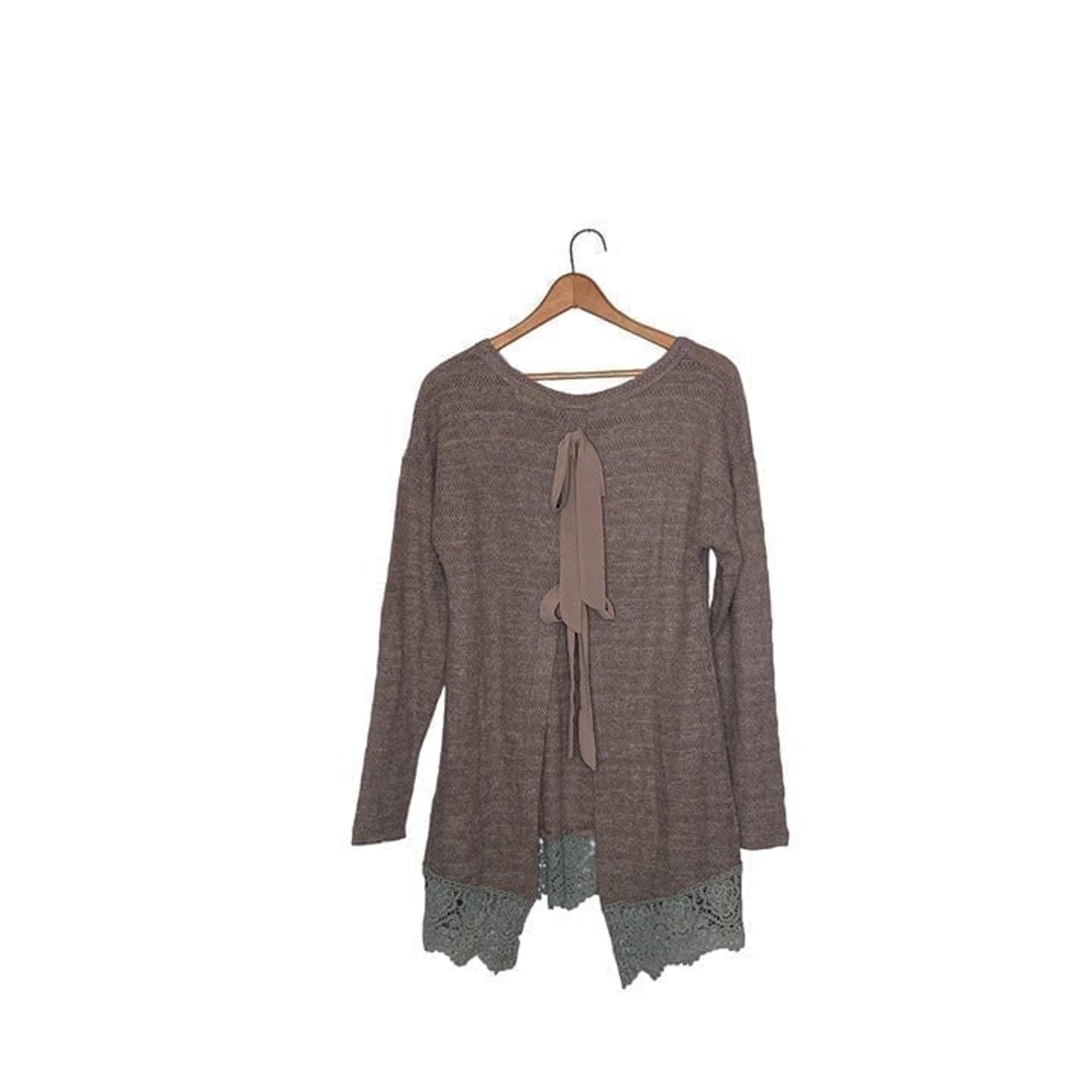 Anthropologie S A'reve Brown Wool Blend Knit Bow Back Crochet Lace Trim Sweater