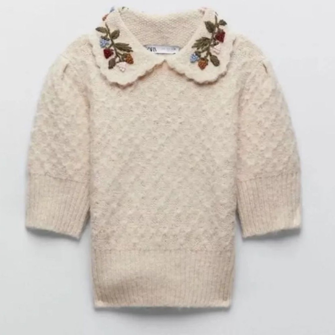 ZARA Floral Embroidered Collar Wool Blend Pullover Sweater Shirt Size Large