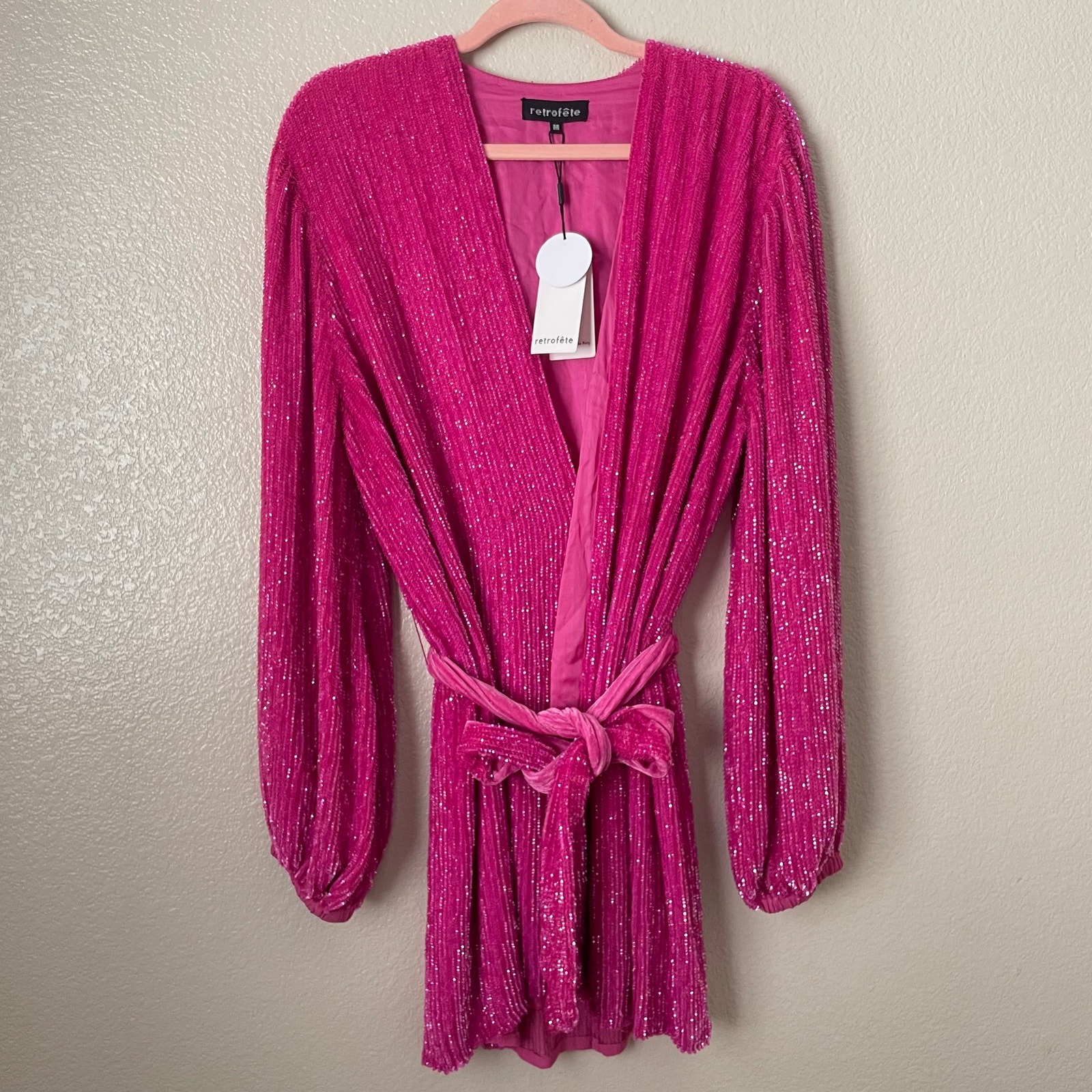 Retrofete Dress Womens Medium Hot Pink Gabrielle Sequin Robe Mini Wrap Belted
