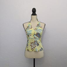 Y2K yellow green floral Hawaiian halter top Size XS
