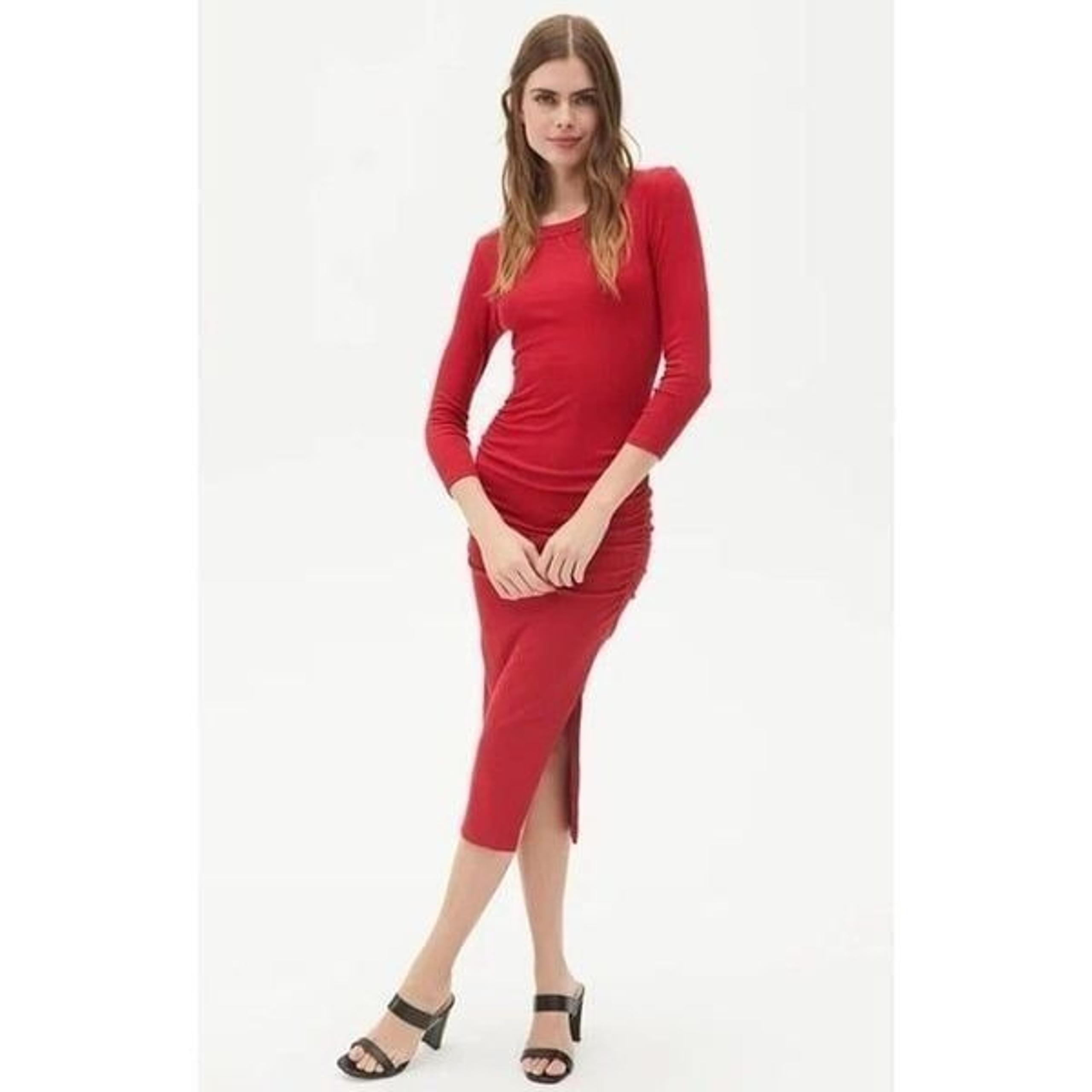 Michael Stars Christina Solid Red Ribbed 3/4 Sleeve Ruched MIDI Dress Medium