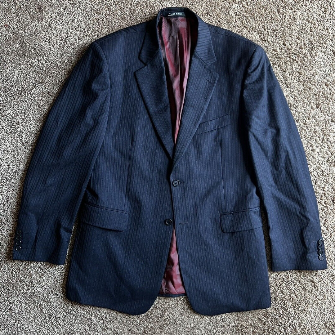Bernini Italian Pinstripe Navy Zignone Super 110s Wool Mens Suit Blazer ~ 42R