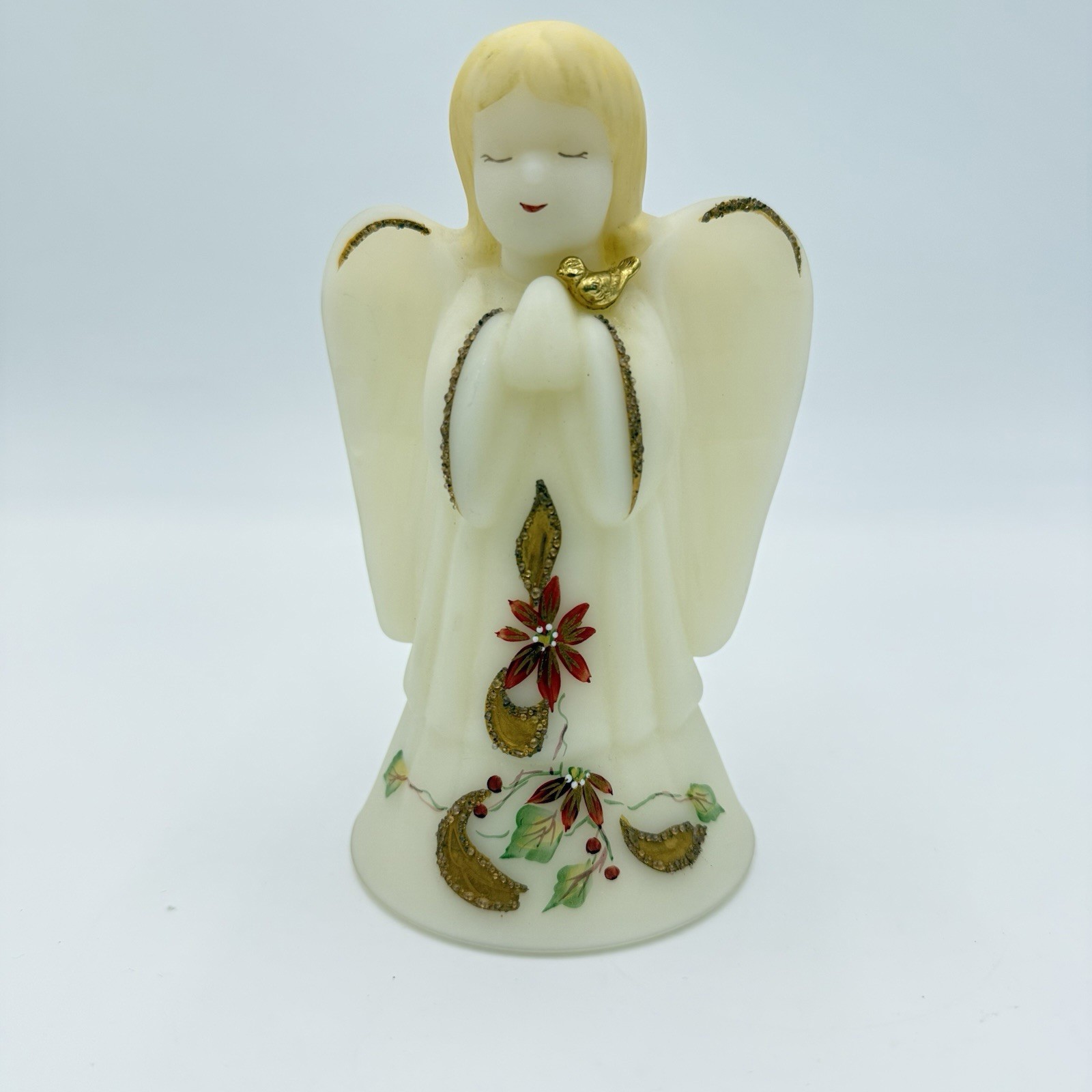 Fenton Art Glass Opal Satin Poinsettia Angel Bell Gold Bird Accents Hand Painted