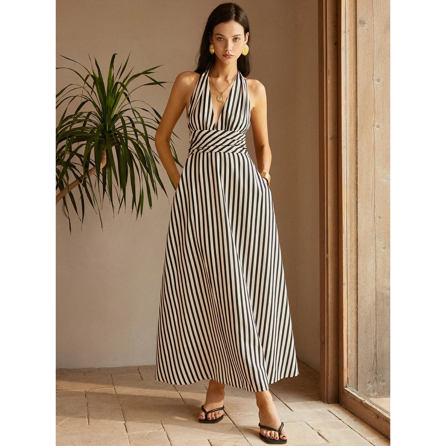 Stripe Backless Pockets Dress
