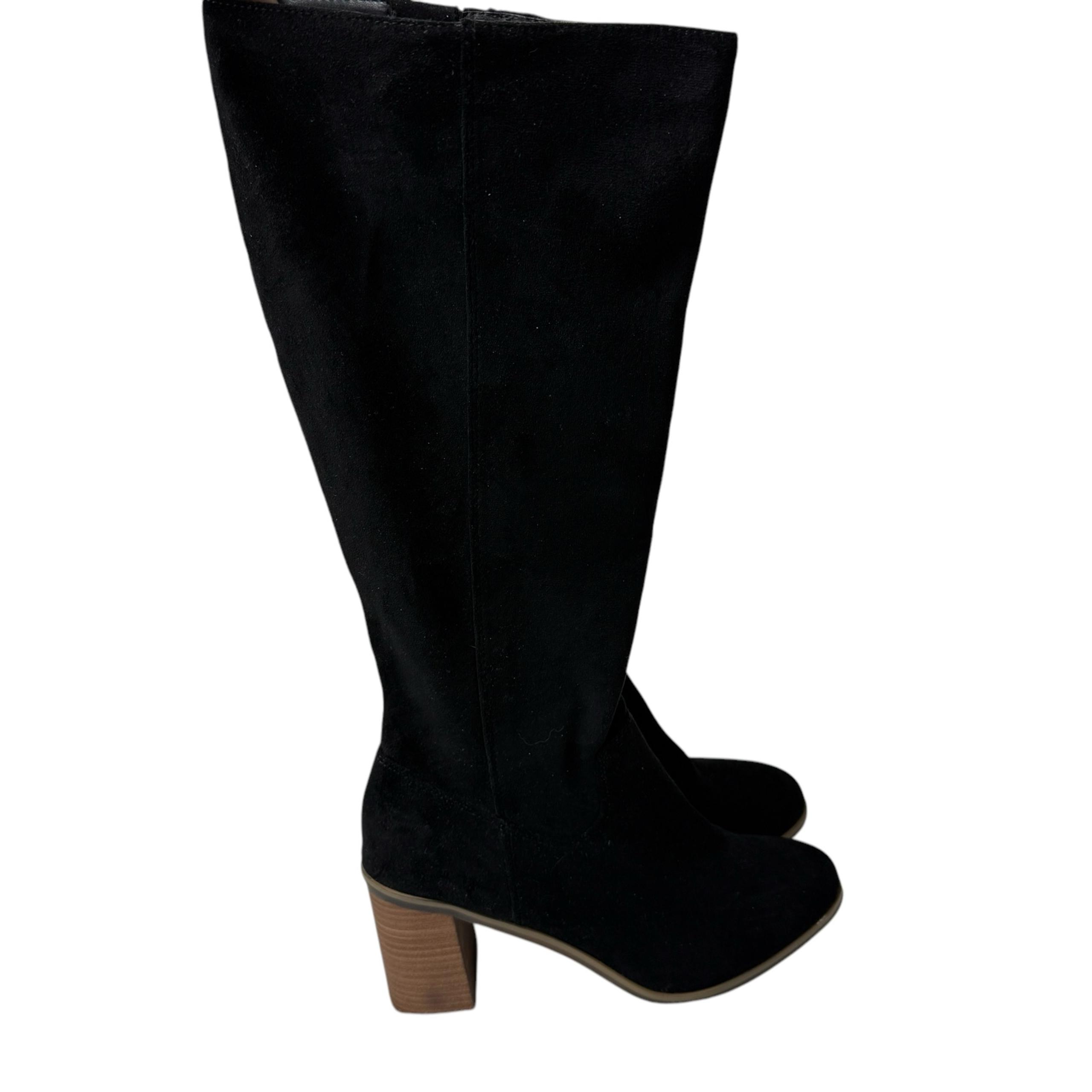 Women’s Knee High Boots Chunky Block 3” Heel Suede Black Zip-Up Tall Boots SZ 10