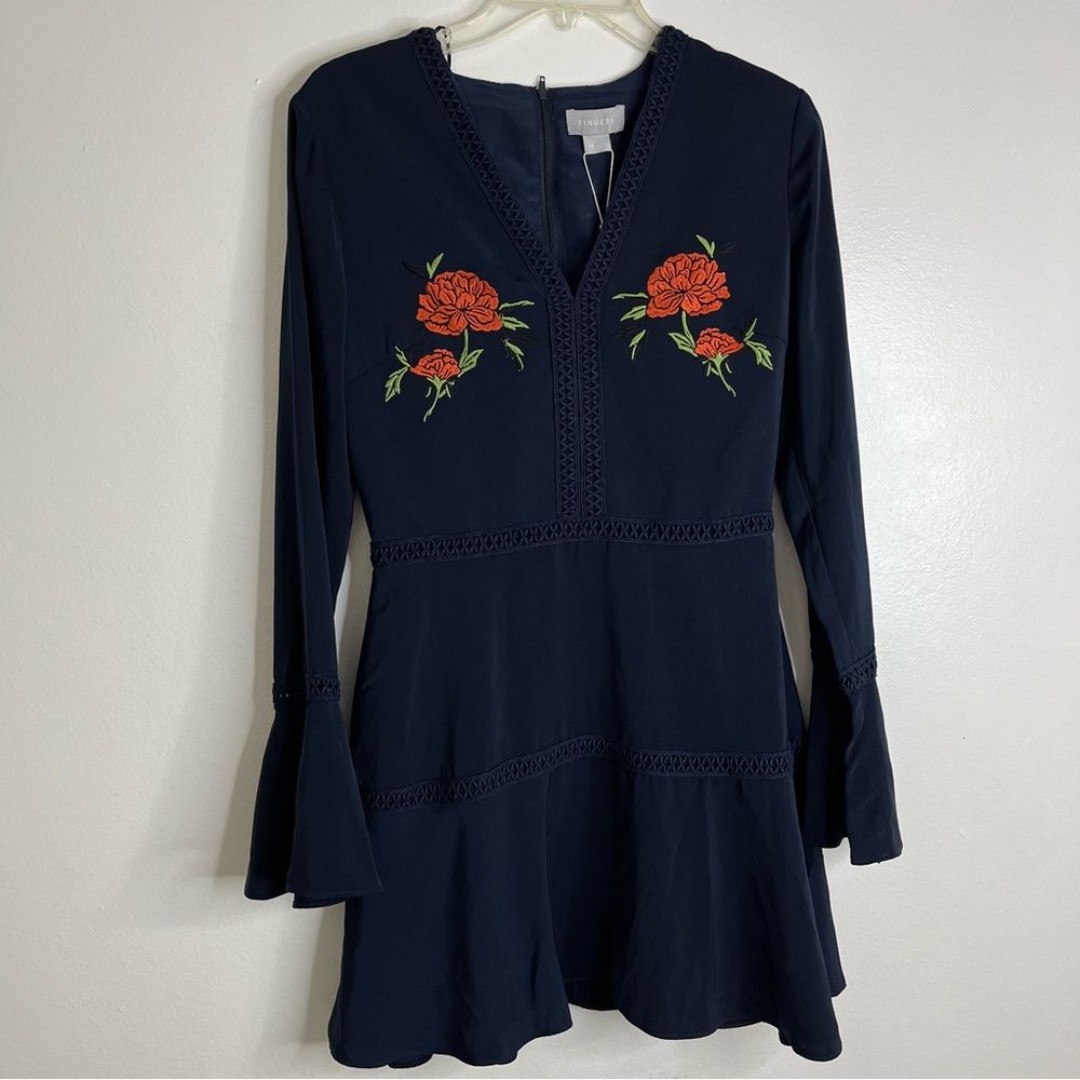 Finders Keepers Dress M Navy Floral Embroidered Bell Cuff Dress Long Sleeve NWT