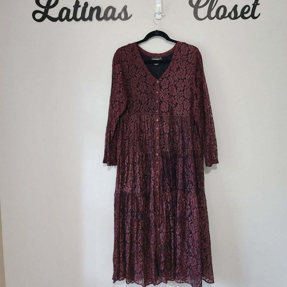 Vintage Nostalgia Lace Burgundy Long Sleeve Grunge Gothic Maxi Dress Size Small