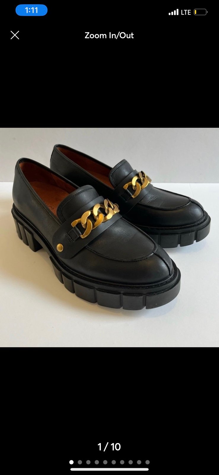Vionic Elodie black Leather Chunky Heeled Platform Loafer Gold Chain Preppy 9