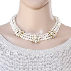 Vintage Faux Pearl Collar Necklace Wide Triple Strand Rhinestone Gold Plated