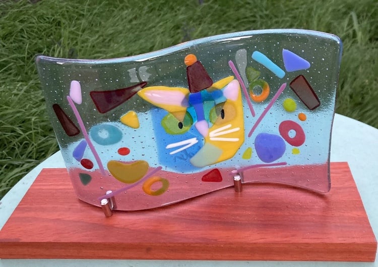 Happy Cat” “Handmade Fused Art Glass Wave Glass 9”.5” X4” With Wood Stand