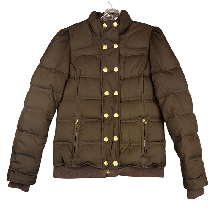 Juicy Couture  Womens Med Jacket Brown Puffer Gold Buttons Zip Pockets 13588