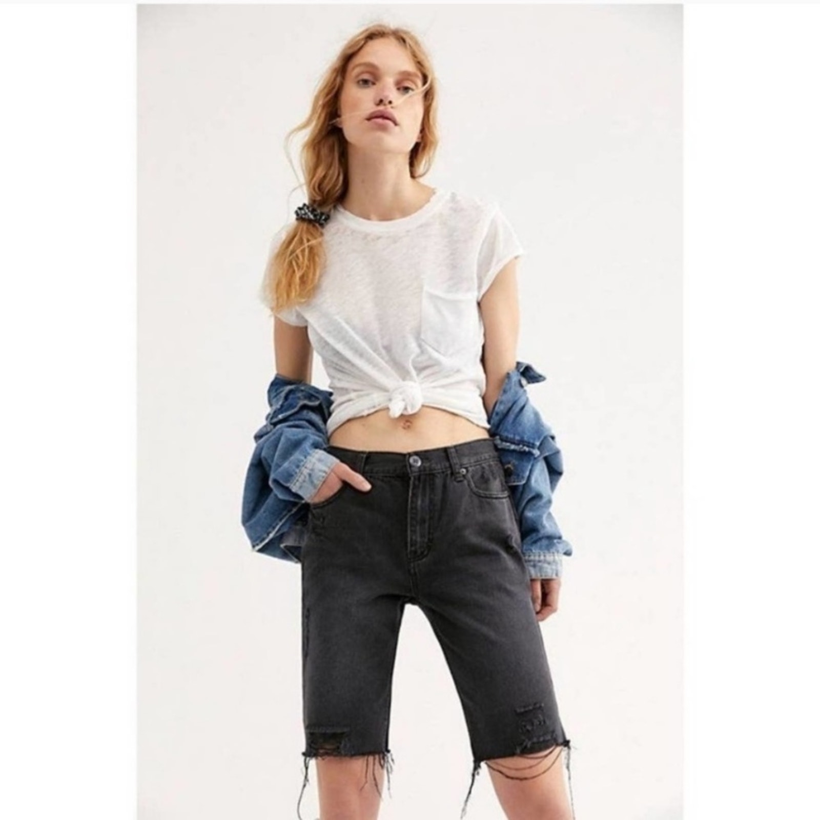 Free People Caroline Cutoff Bermuda Jean Shorts Washed Black 27