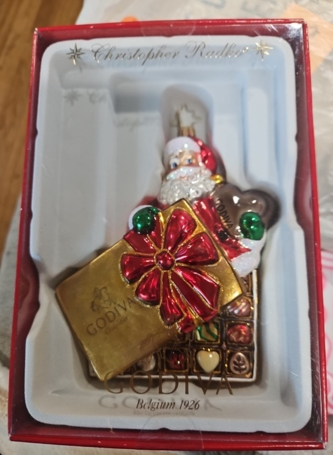 New Sealed! 2013 Christopher Radko Santa Godiva Chocolate Glass Ornament
