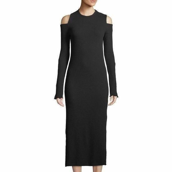 CURRENT ELLIOTT Going Steady Ribbed Cold-shoulder Long Dress In Black