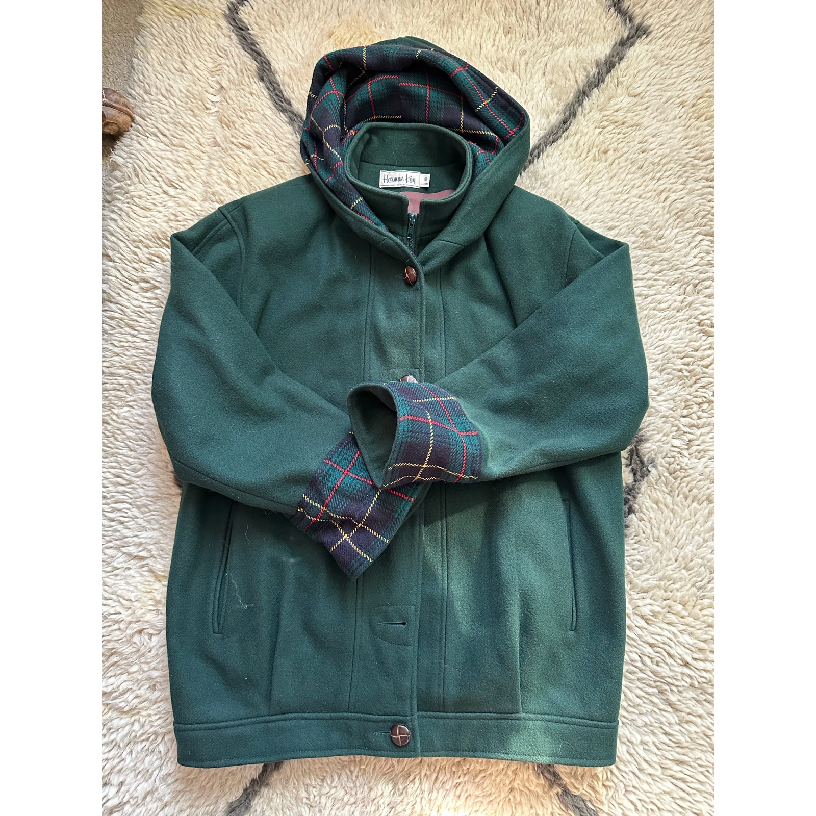 HERMAN KAY Vintage Women Wool Blend green Coat Flannel Hooded plaid Sz 10