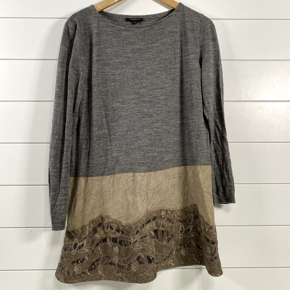 Lafayette 148 New York Wool Suede Lace Long Sleeve Sweater size L Petite Luxury