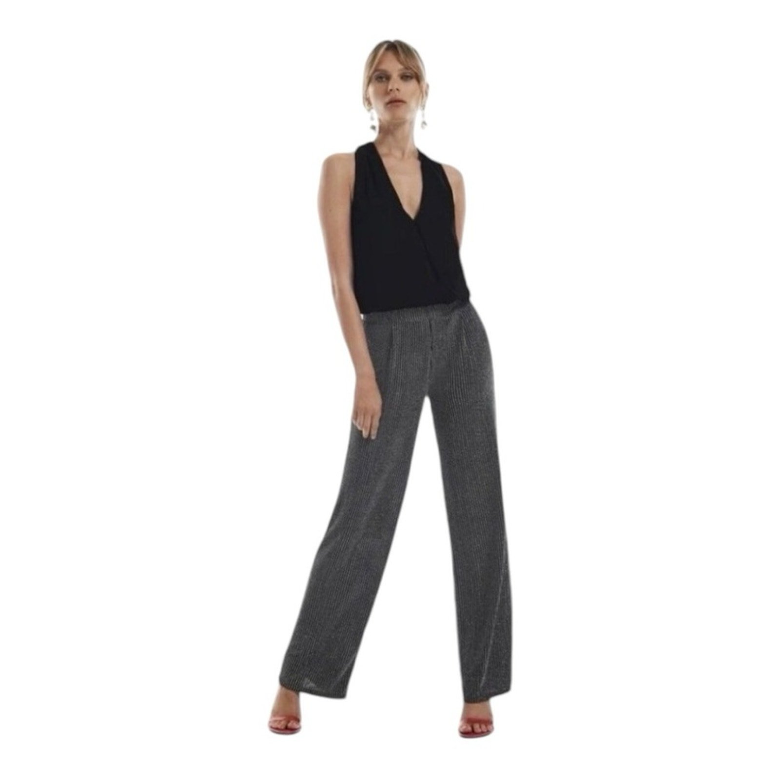 Revolve X Krisa Black Silver Pull On Wide Leg Party Sparkly Silver Pants XS NEW