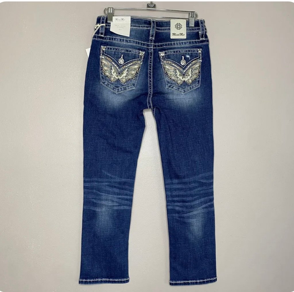 Miss Me Crop Capri jeans Embroidery Rhinestone Butterfly Flap Pockets Blue Sz 27