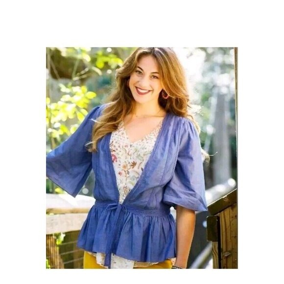 Hour By Hour Chambray Jacket Blouse Tie Peplum Waist Size Large