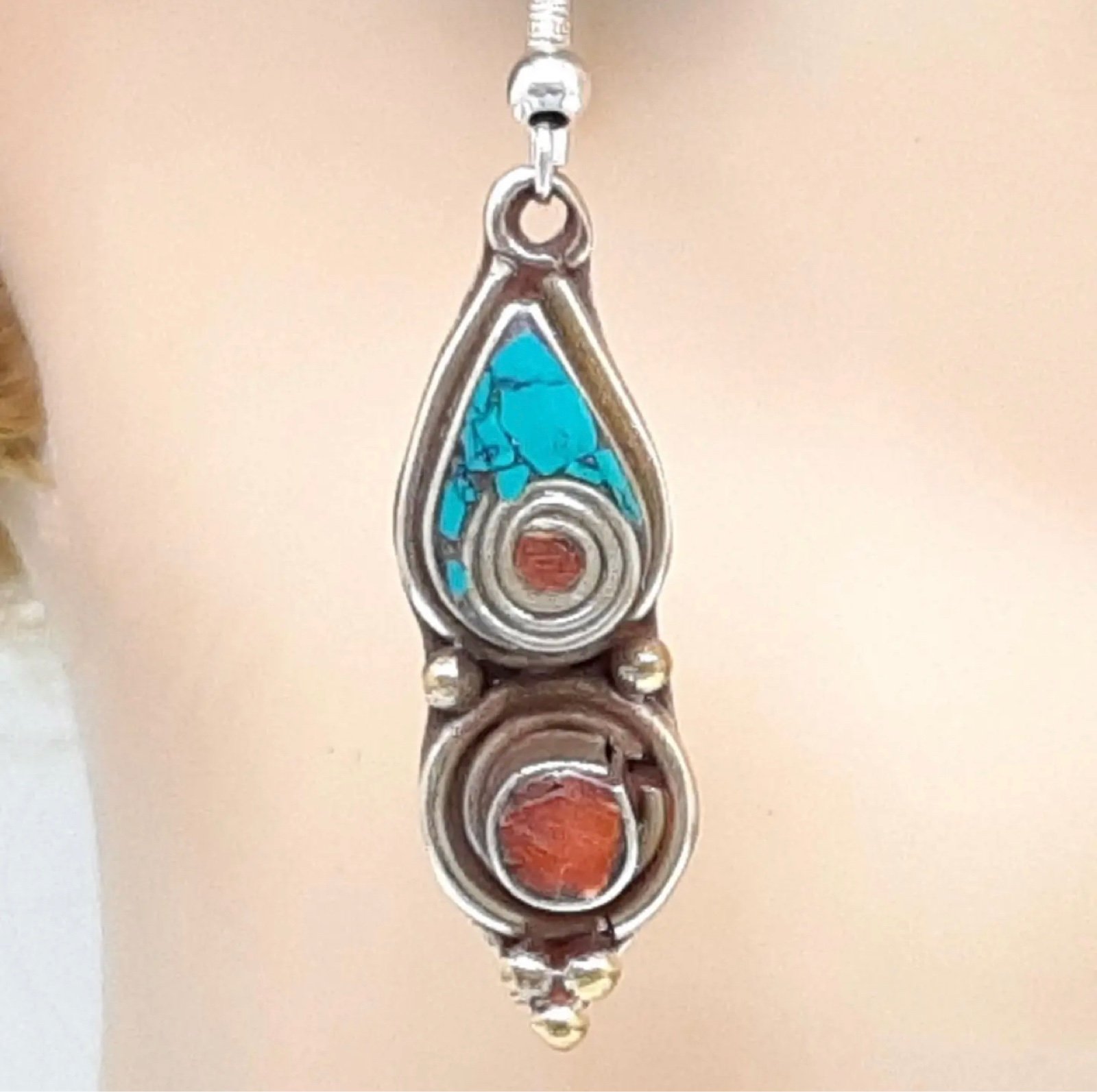Vintage 1.80ctw Green Turquoise & Carnelian Gold Vermeil Dangle Earrings 7.8g