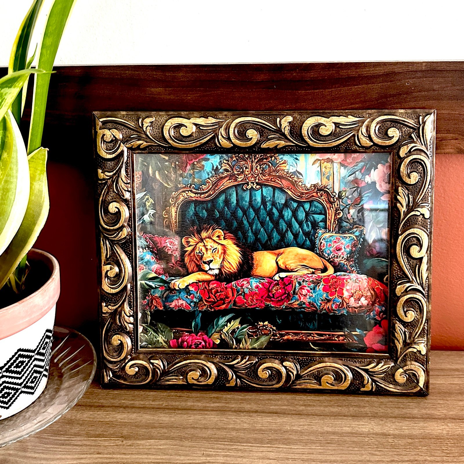 Regal Lion King on a Tropical Couch Vintage Style Ornate Framed Canvas Art Print