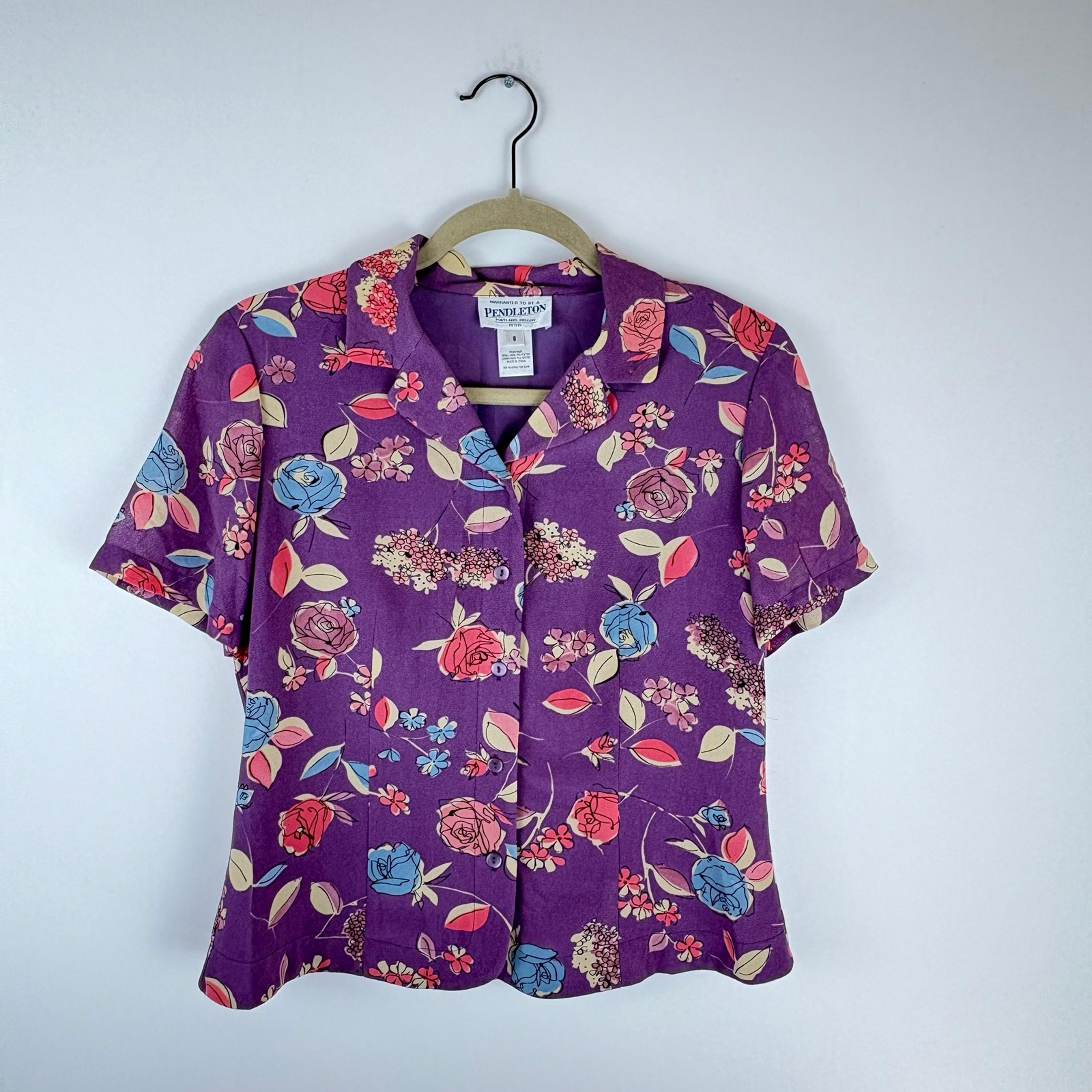 Pendleton Shirt Womens 8 Petite Floral Button Up Short Sleeve Purple 8P Blouse