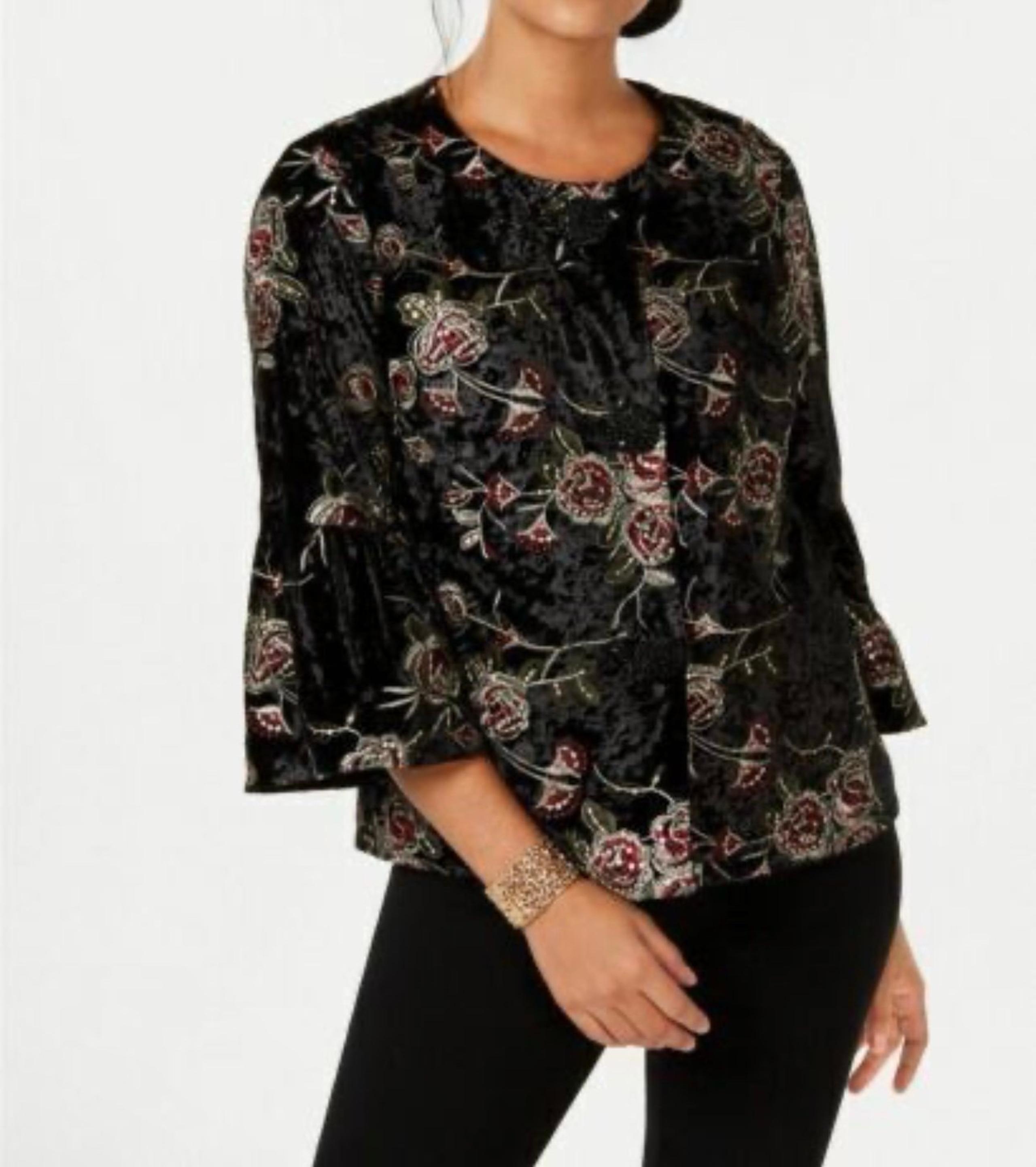 JM Collection Women's Petite Large PM Embroidered Velvet Statement Jacket