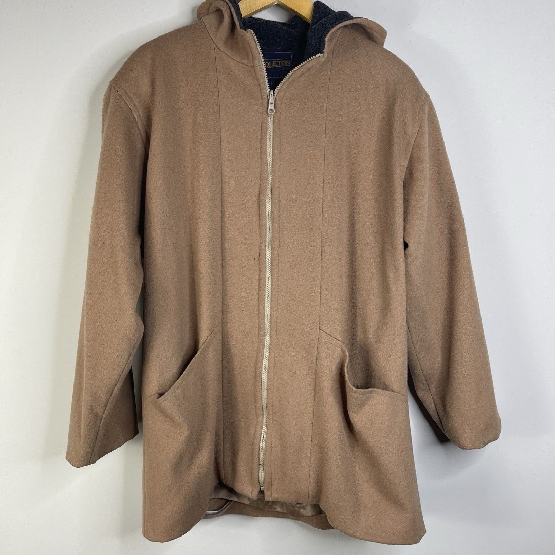VTG Pendleton Women's Size 8 Tan Wool Full Zip Hooded Coat Classic Minimalist