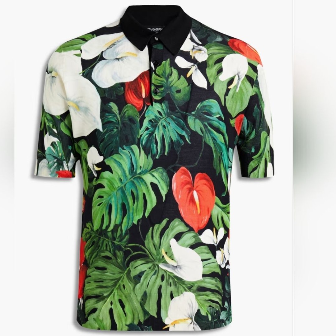DOLCE & GABBANA FLORAL PRINT SILK JERSEY POLO SHIRT